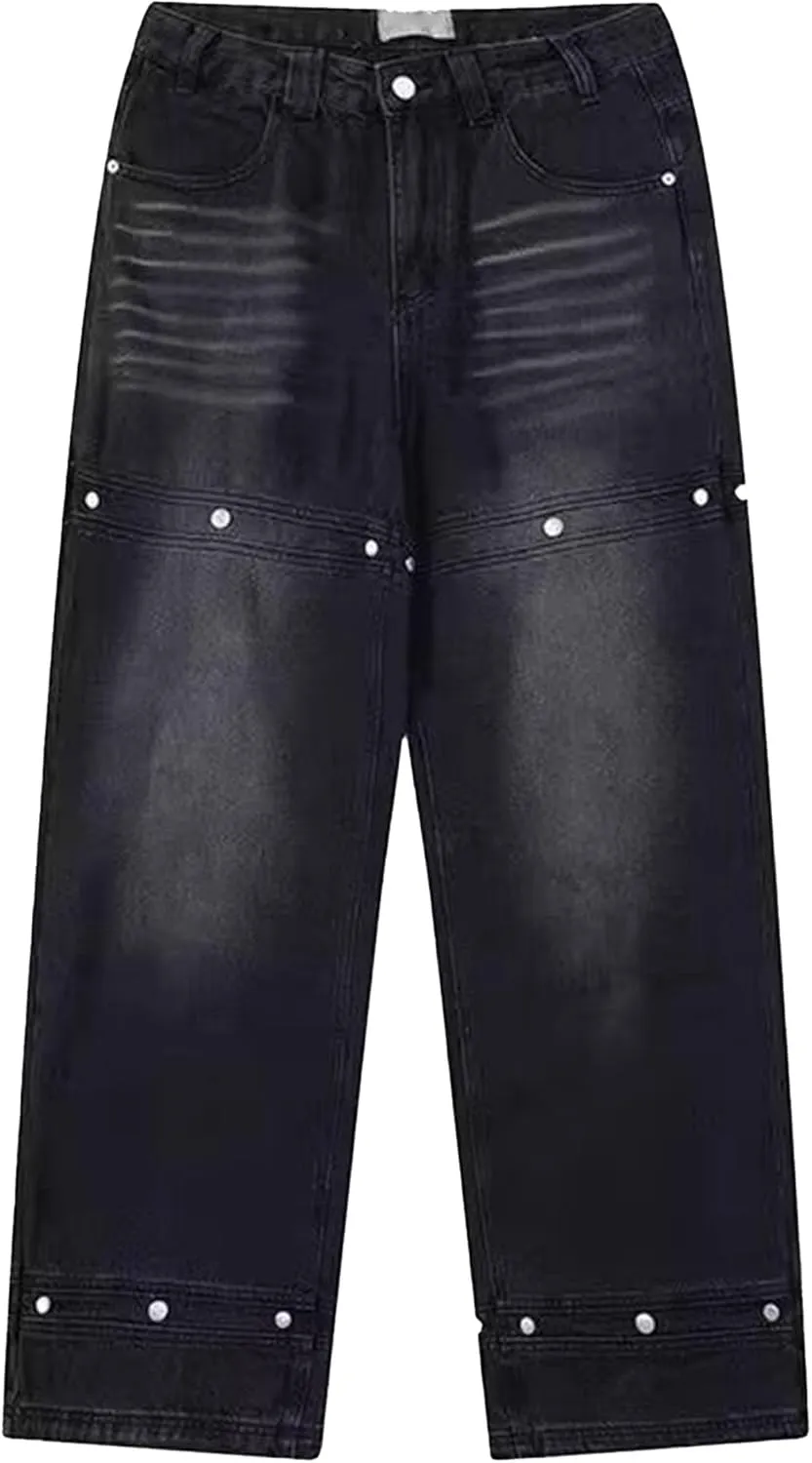 Men's Rivet Loose Work Pants Straight Slim Fit Casual Jeans Comfortable Stretch Elastic Waistband Pockets