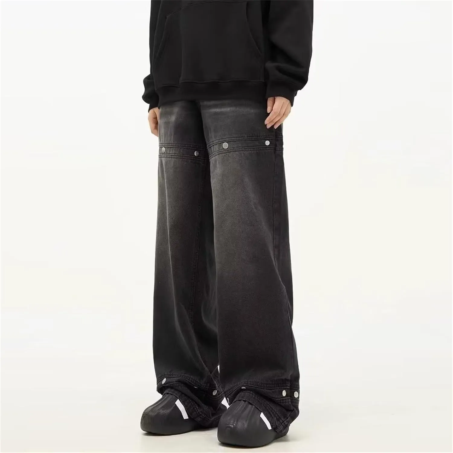Men's Rivet Loose Work Pants Straight Slim Fit Casual Jeans Comfortable Stretch Elastic Waistband Pockets