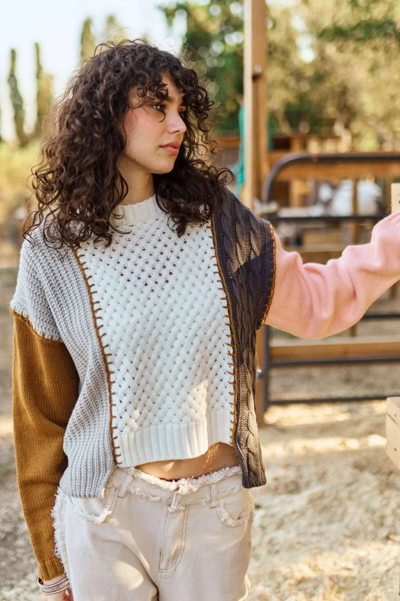 Multi Fabric Peach Hi-Low Color Block Knit Sweater