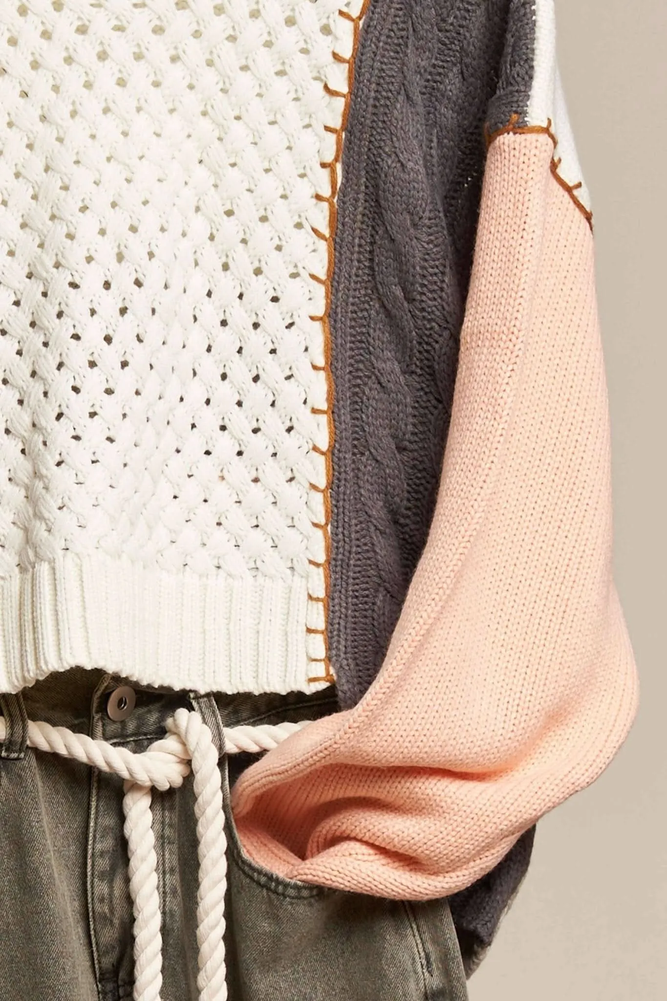 Multi Fabric Peach Hi-Low Color Block Knit Sweater