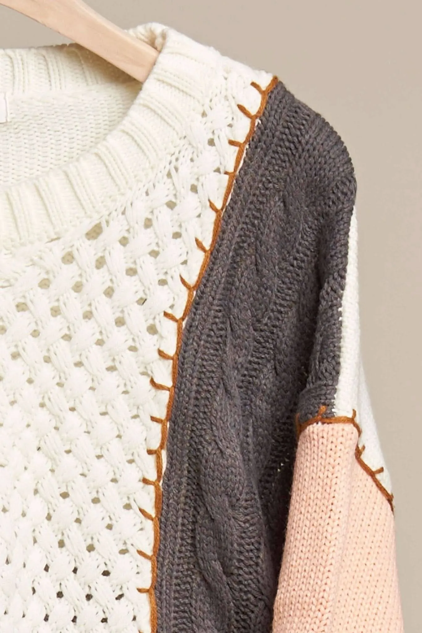 Multi Fabric Peach Hi-Low Color Block Knit Sweater