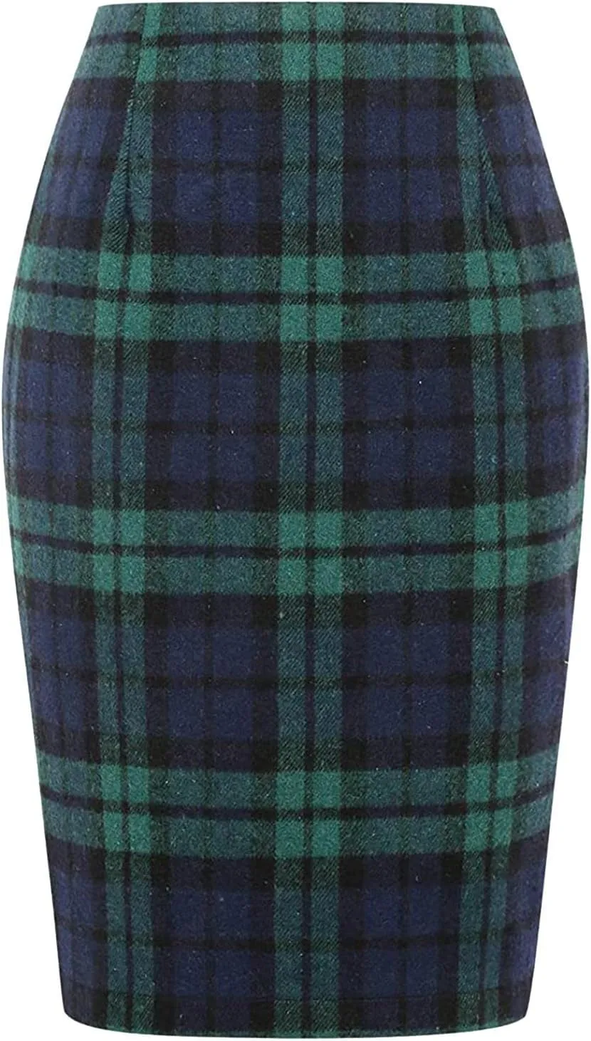 Pencil Skirt Women Pencil Plaid Skirts for Women Fall Winter High Waisted Bodycon Knee Length Wool Midi Skirt