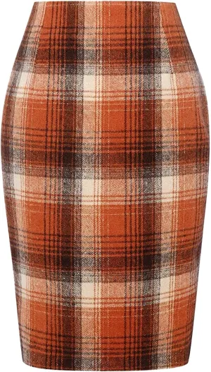 Pencil Skirt Women Pencil Plaid Skirts for Women Fall Winter High Waisted Bodycon Knee Length Wool Midi Skirt