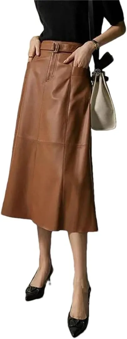 Pulcykp Women Leather A-Line Midi Skirt High Waist Leather Umbrella Skirt Solid Office Formal Skirt