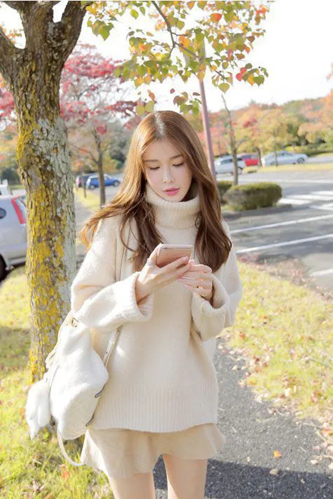 Pure Color High Neck Loose Pullover Sweater