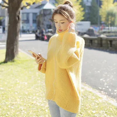 Pure Color High Neck Loose Pullover Sweater