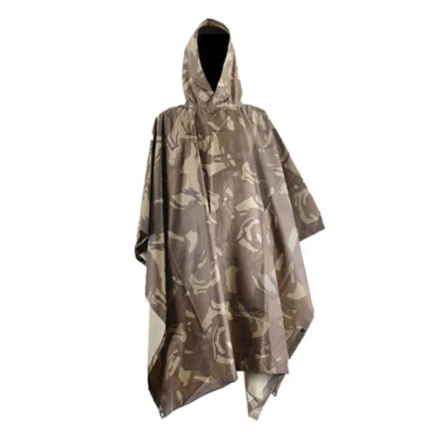Rain Military Waterproof Camo Raincoat - Poncho for Camping, Fishing, Motorcycle, etc.