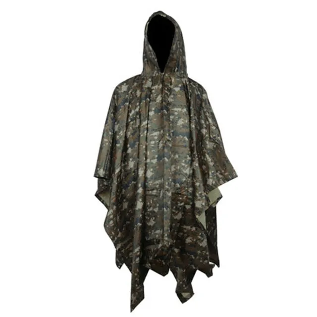 Rain Military Waterproof Camo Raincoat - Poncho for Camping, Fishing, Motorcycle, etc.