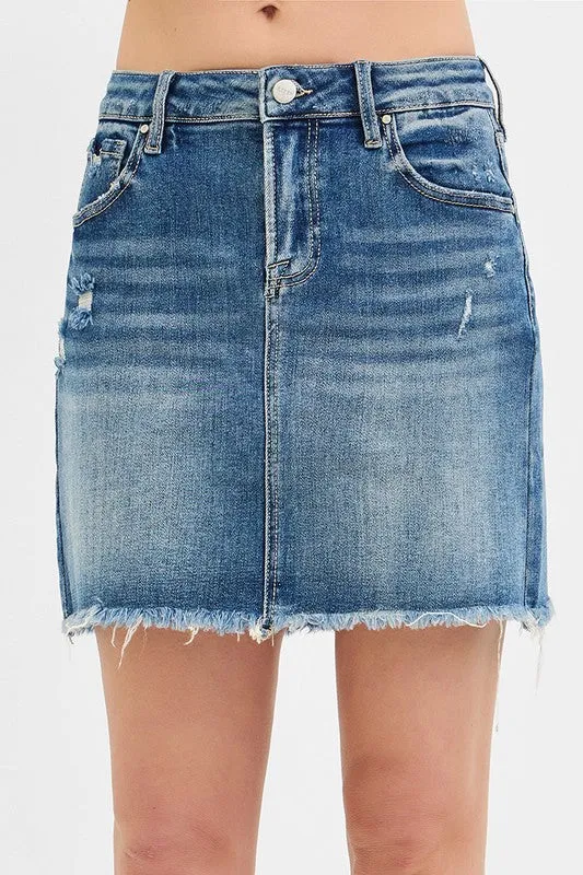 Risen Medium Wash Mid Rise  Denim Skirt