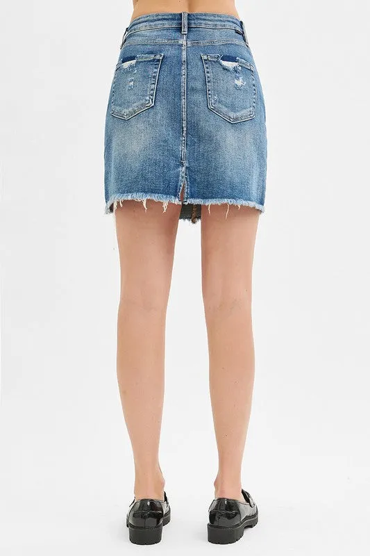 Risen Medium Wash Mid Rise  Denim Skirt