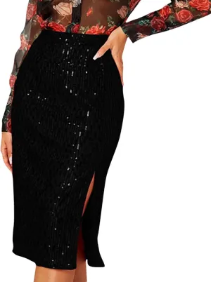 Sequin Midi Skirt with Slit for Women Elegant Sparkle High Waist Pencil Cocktail Party Skirt Business Work Skirts