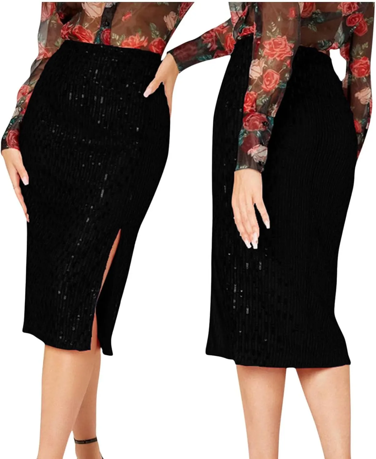 Sequin Midi Skirt with Slit for Women Elegant Sparkle High Waist Pencil Cocktail Party Skirt Business Work Skirts