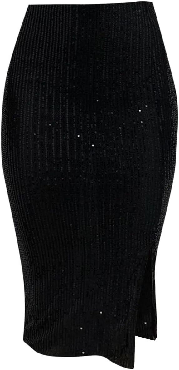 Sequin Midi Skirt with Slit for Women Elegant Sparkle High Waist Pencil Cocktail Party Skirt Business Work Skirts