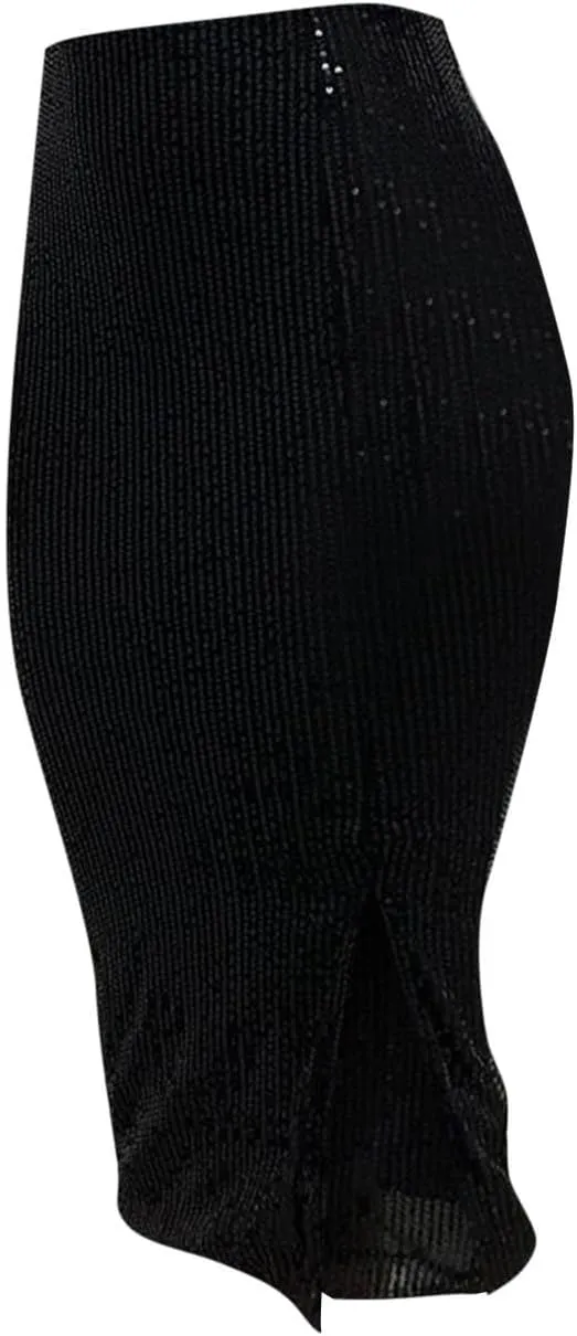Sequin Midi Skirt with Slit for Women Elegant Sparkle High Waist Pencil Cocktail Party Skirt Business Work Skirts