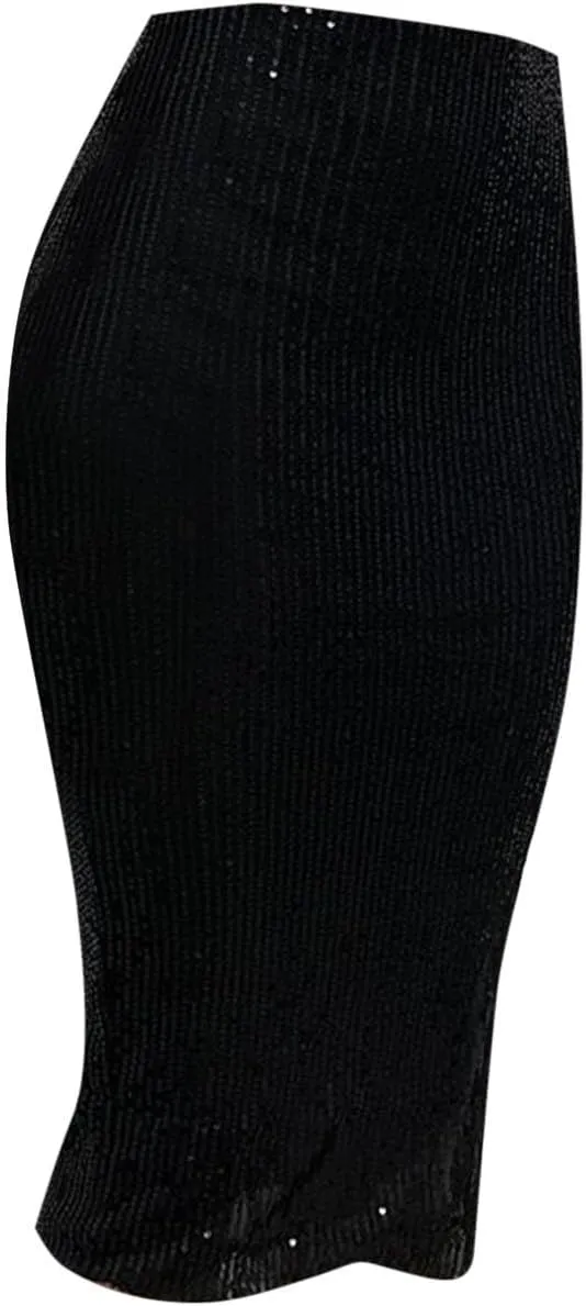 Sequin Midi Skirt with Slit for Women Elegant Sparkle High Waist Pencil Cocktail Party Skirt Business Work Skirts