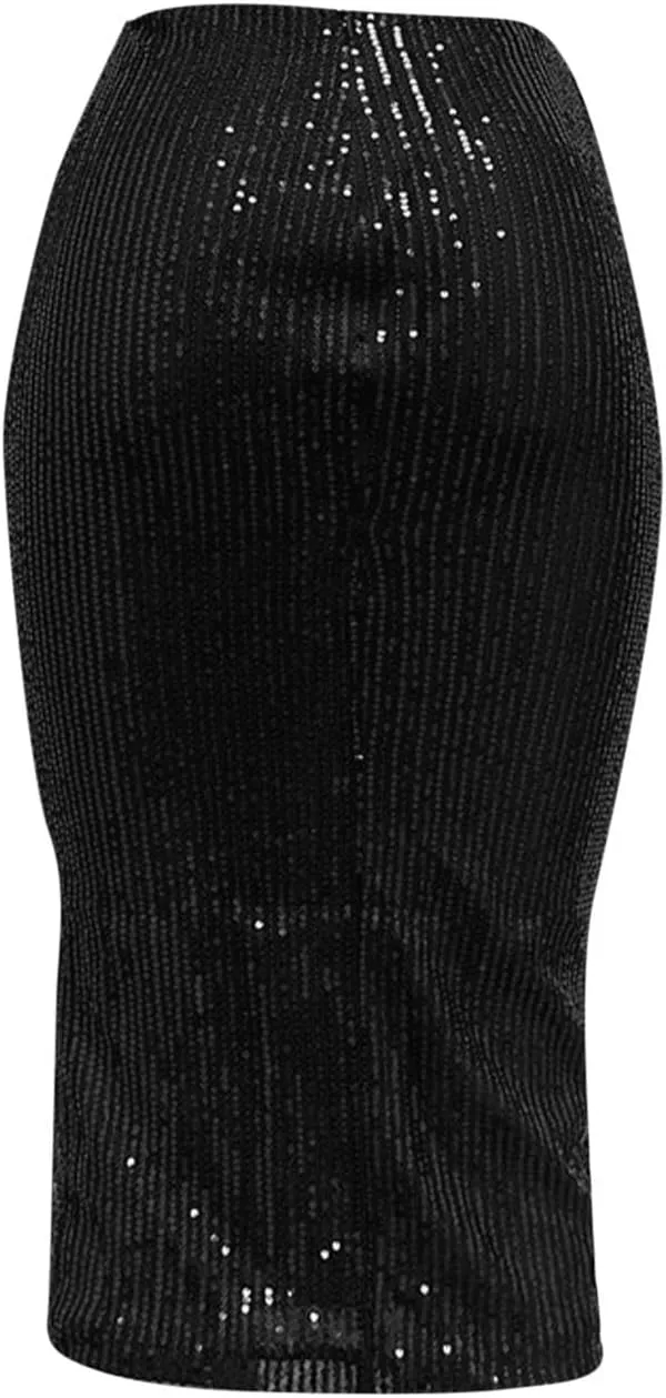 Sequin Midi Skirt with Slit for Women Elegant Sparkle High Waist Pencil Cocktail Party Skirt Business Work Skirts