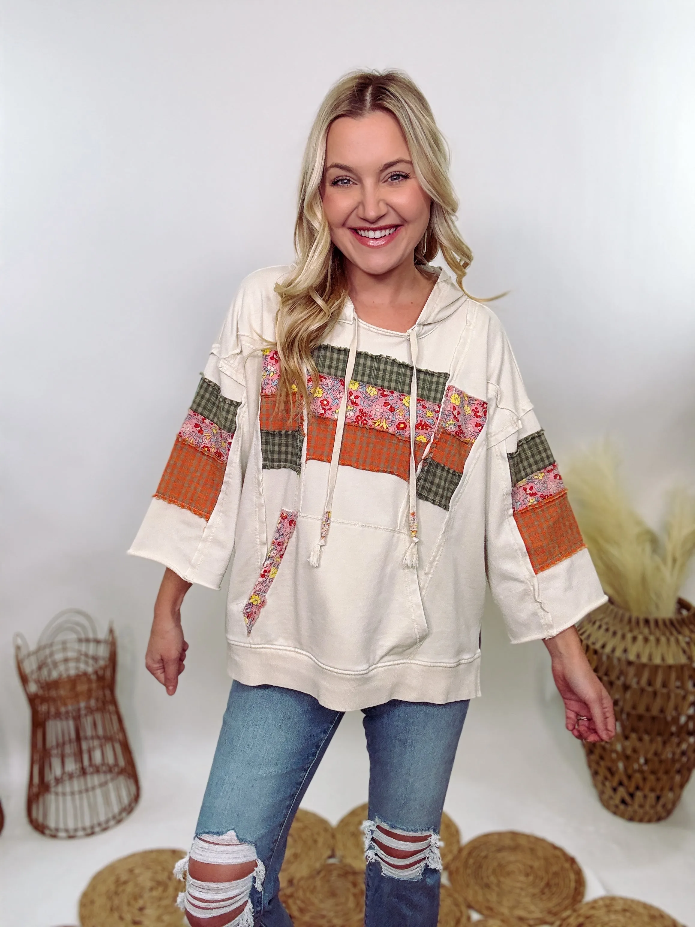 Spring Patchwork 3/4 Wide Sleeve Hoodie