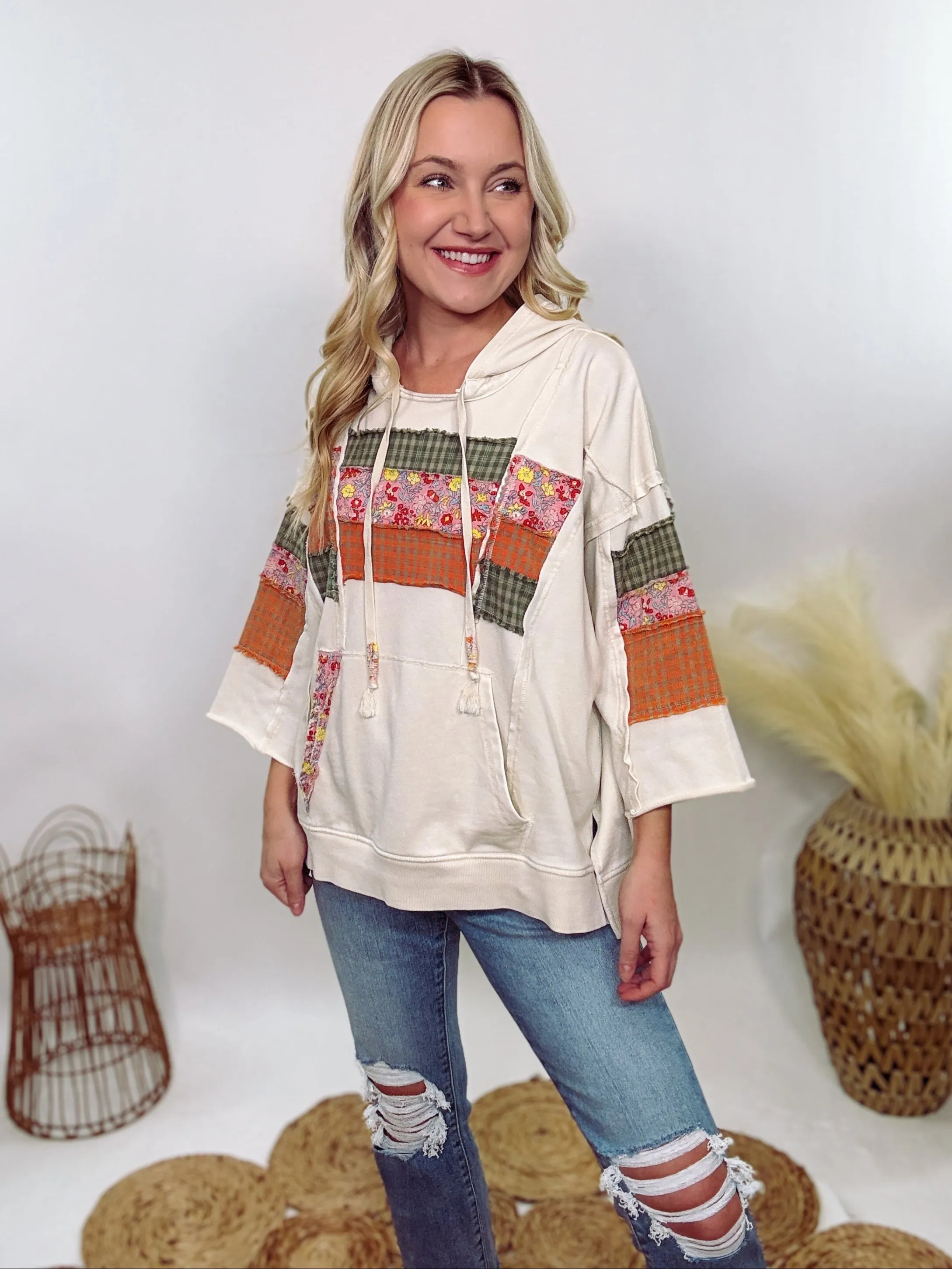 Spring Patchwork 3/4 Wide Sleeve Hoodie