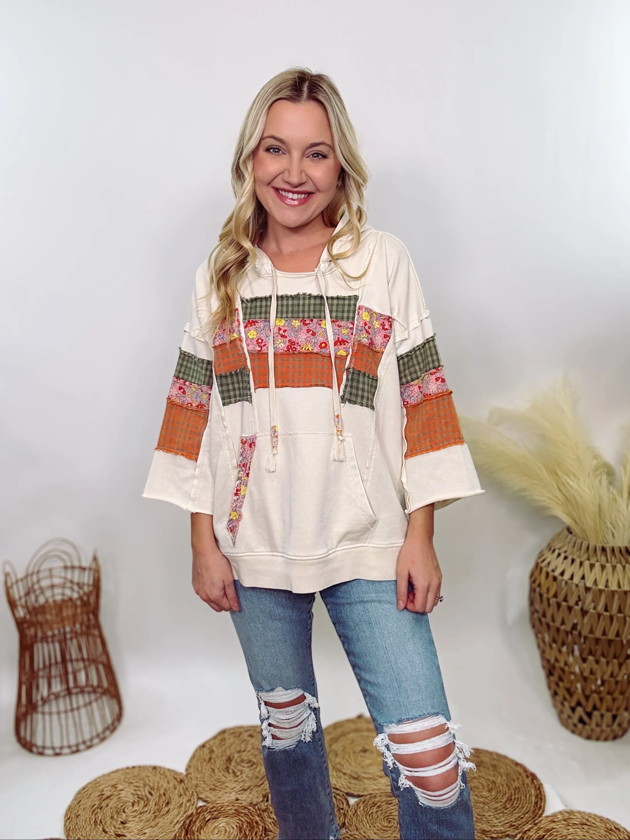 Spring Patchwork 3/4 Wide Sleeve Hoodie