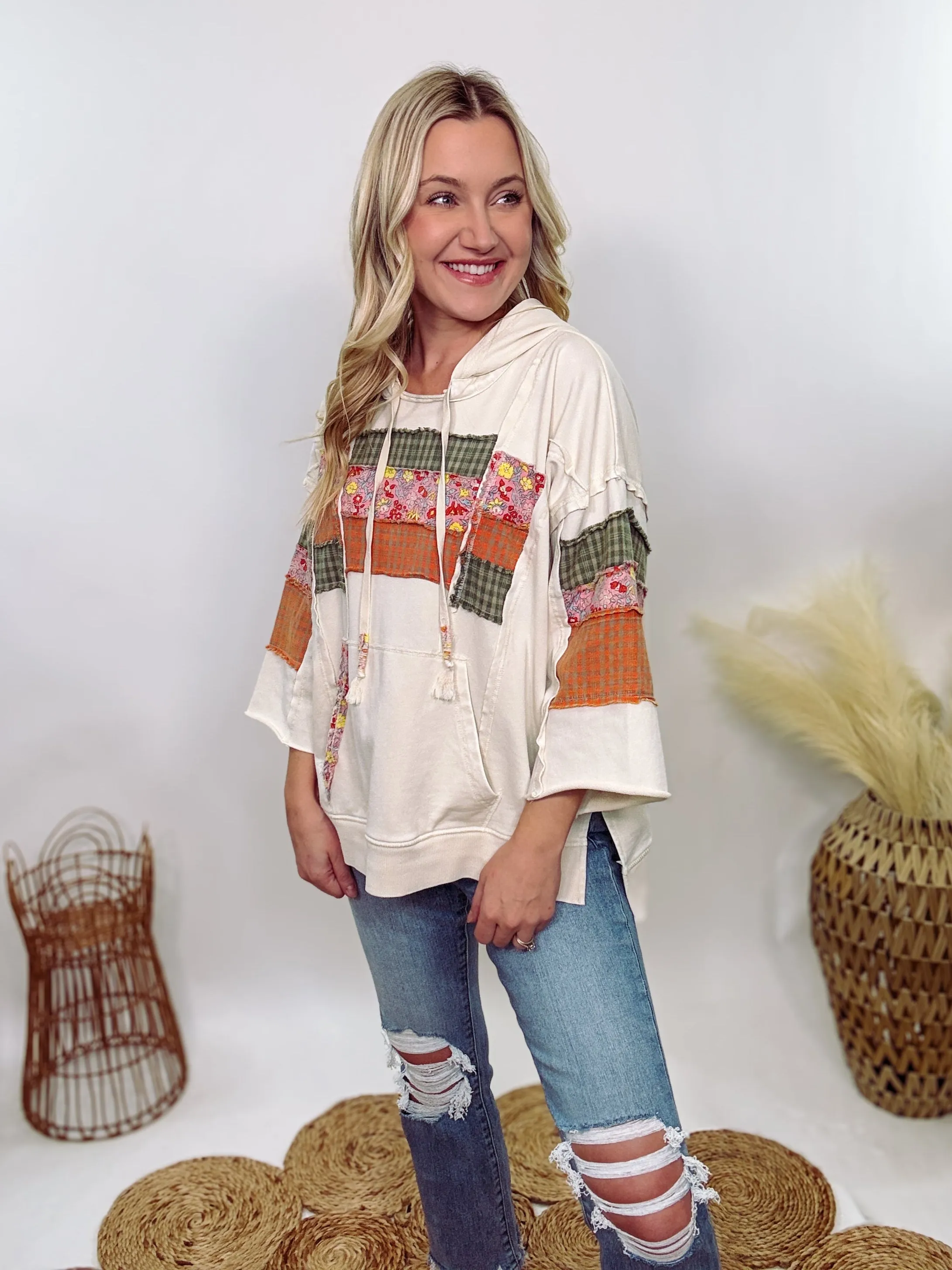 Spring Patchwork 3/4 Wide Sleeve Hoodie