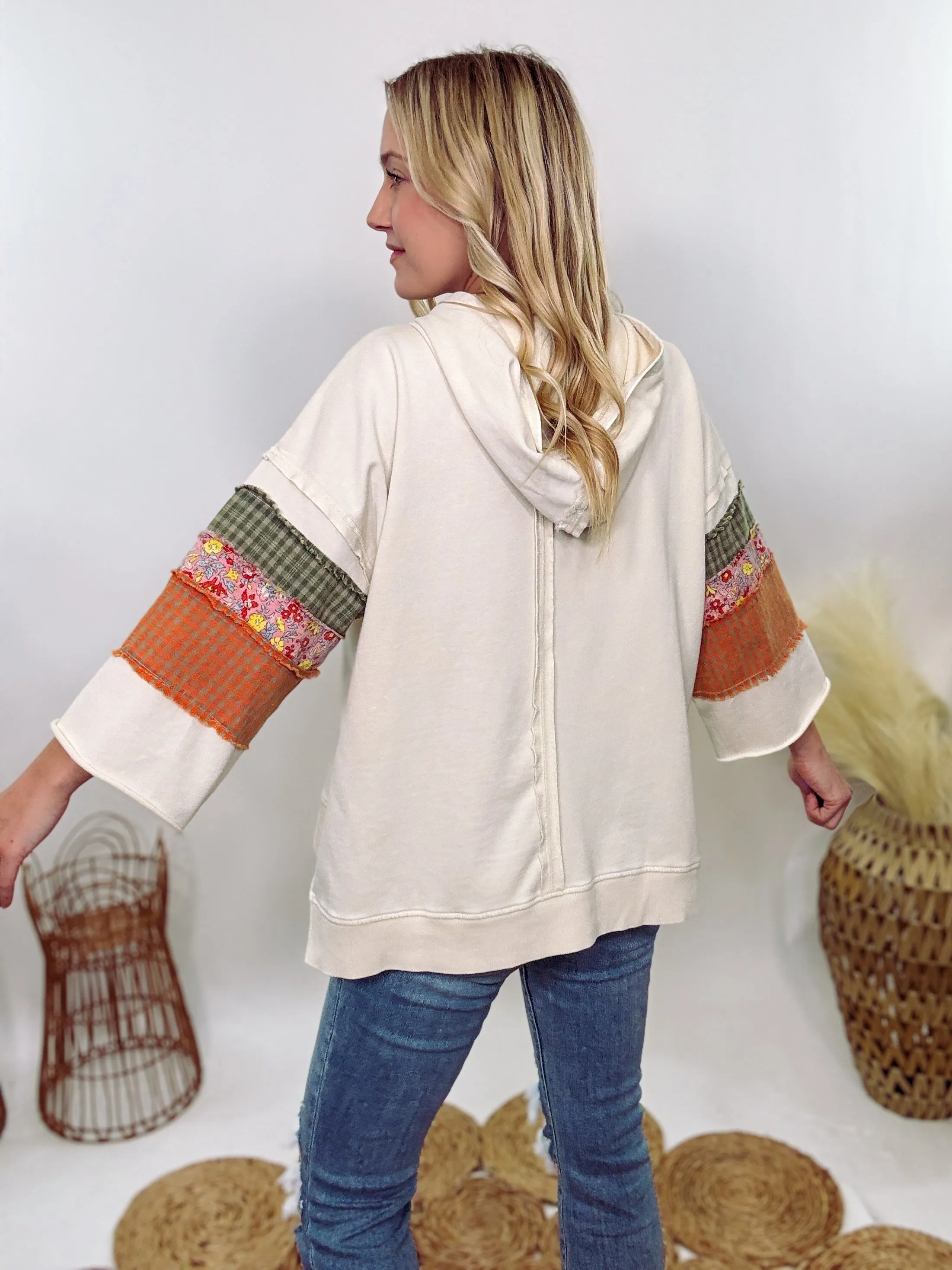 Spring Patchwork 3/4 Wide Sleeve Hoodie