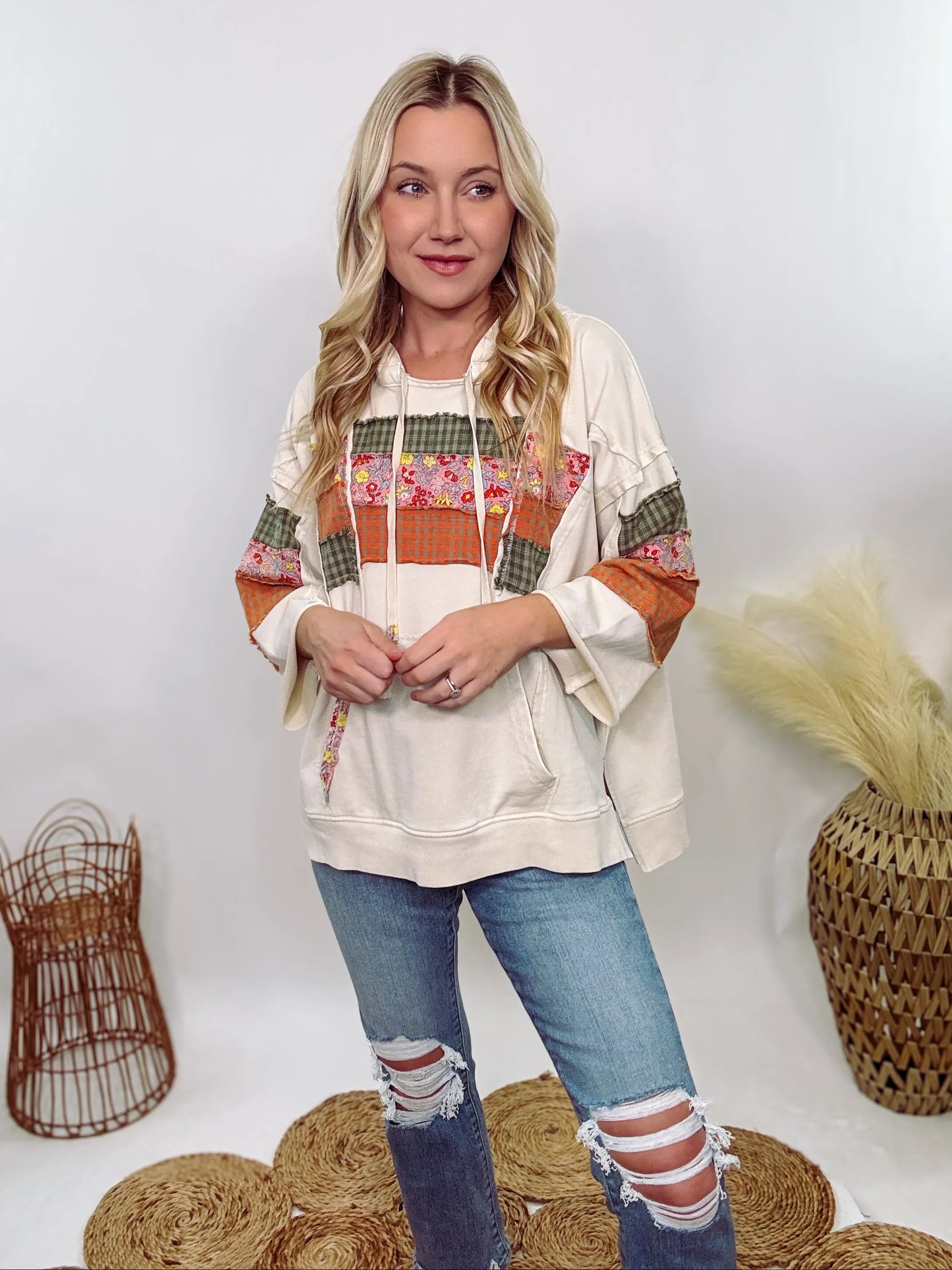 Spring Patchwork 3/4 Wide Sleeve Hoodie