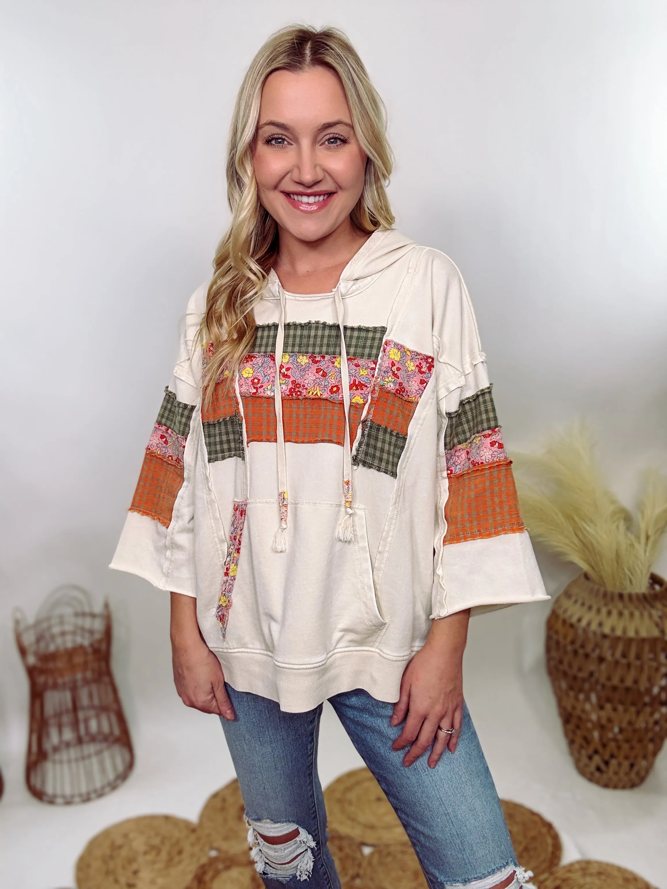 Spring Patchwork 3/4 Wide Sleeve Hoodie