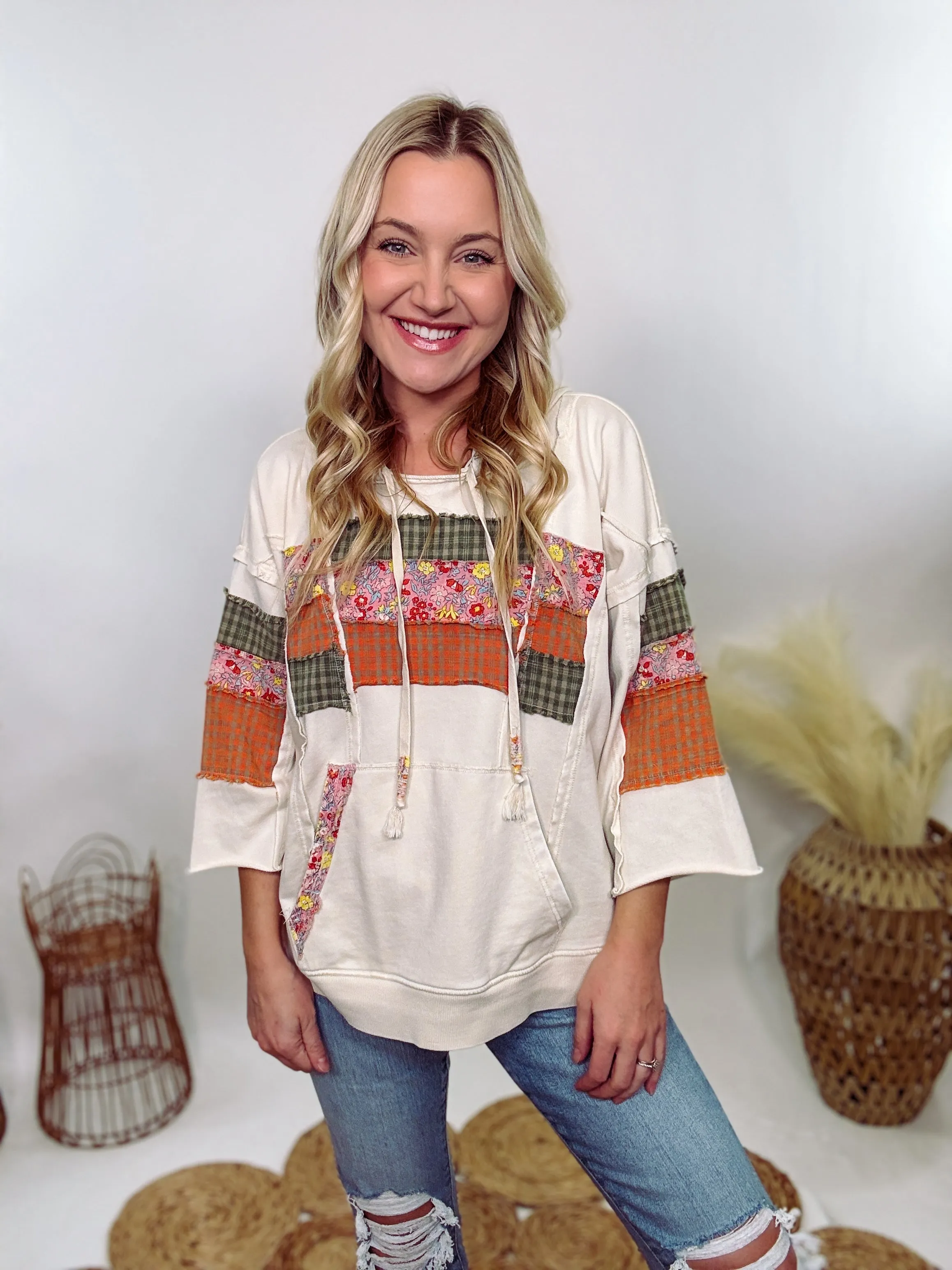 Spring Patchwork 3/4 Wide Sleeve Hoodie