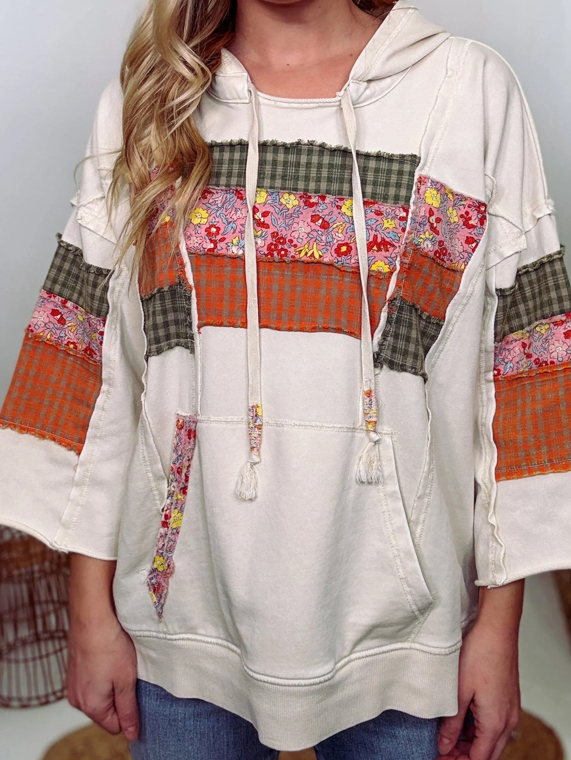 Spring Patchwork 3/4 Wide Sleeve Hoodie
