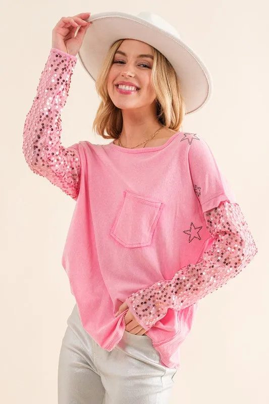 Star Printed Shoulder Sequin Sleeve Top