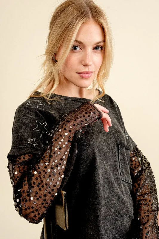 Star Printed Shoulder Sequin Sleeve Top