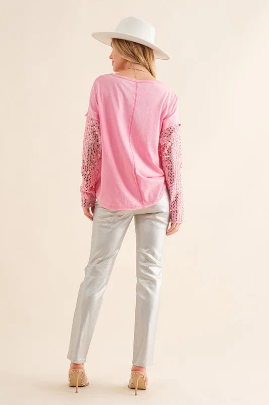 Star Printed Shoulder Sequin Sleeve Top