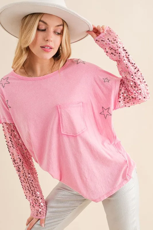 Star Printed Shoulder Sequin Sleeve Top