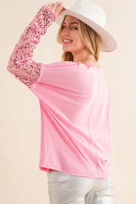 Star Printed Shoulder Sequin Sleeve Top