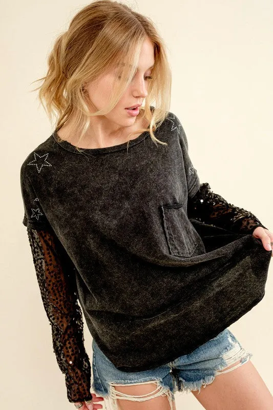 Star Printed Shoulder Sequin Sleeve Top