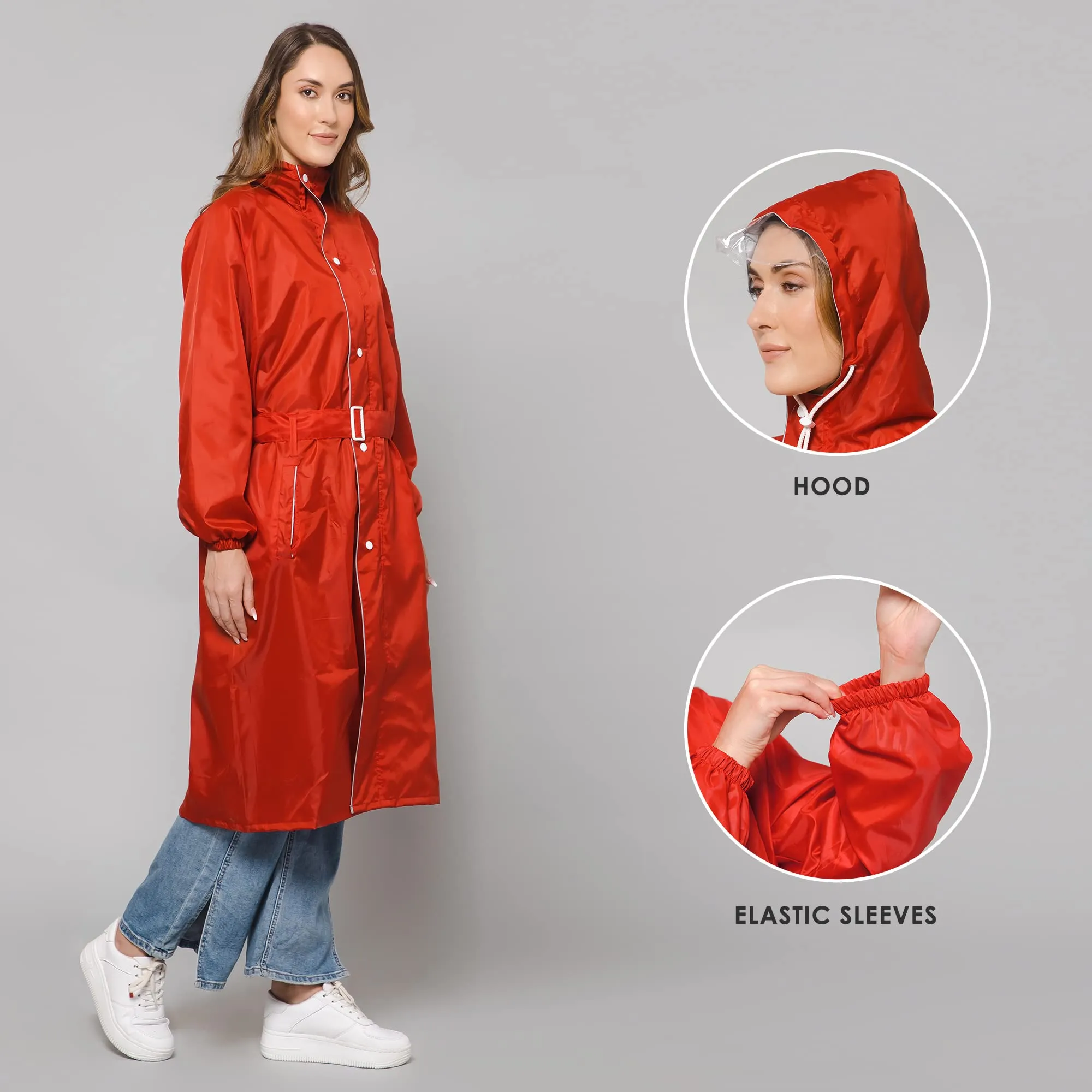 THE CLOWNFISH Polyester Raincoats For Women Rain Coat For Women Raincoat For Ladies Waterproof Reversible Double Layer. Drizzle Diva Series (Red, Xx-Large)