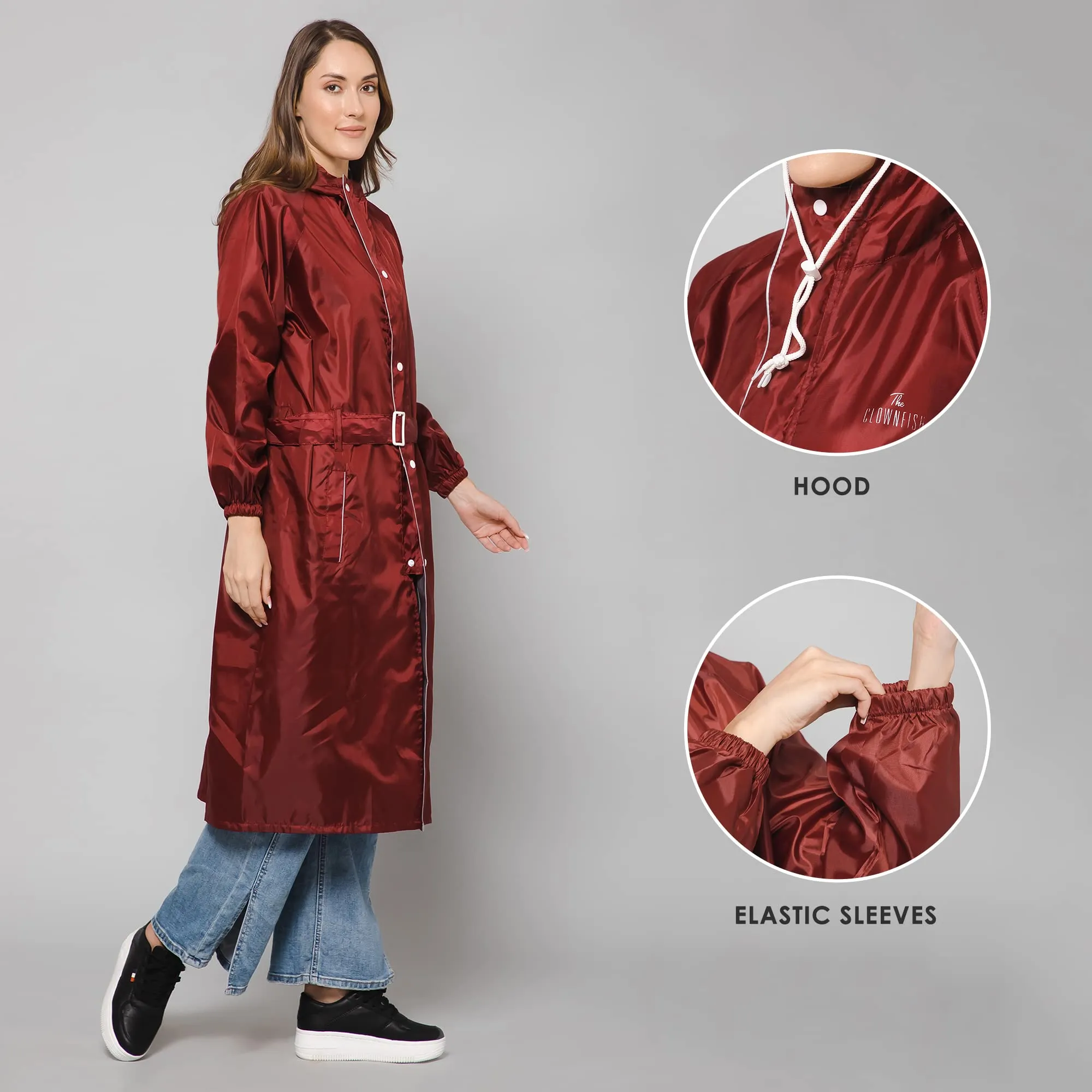 THE CLOWNFISH Polyester Raincoats For Women Raincoat For Ladies Waterproof Reversible Double Layer. Drizzle Diva Series (Maroon, X-Large)