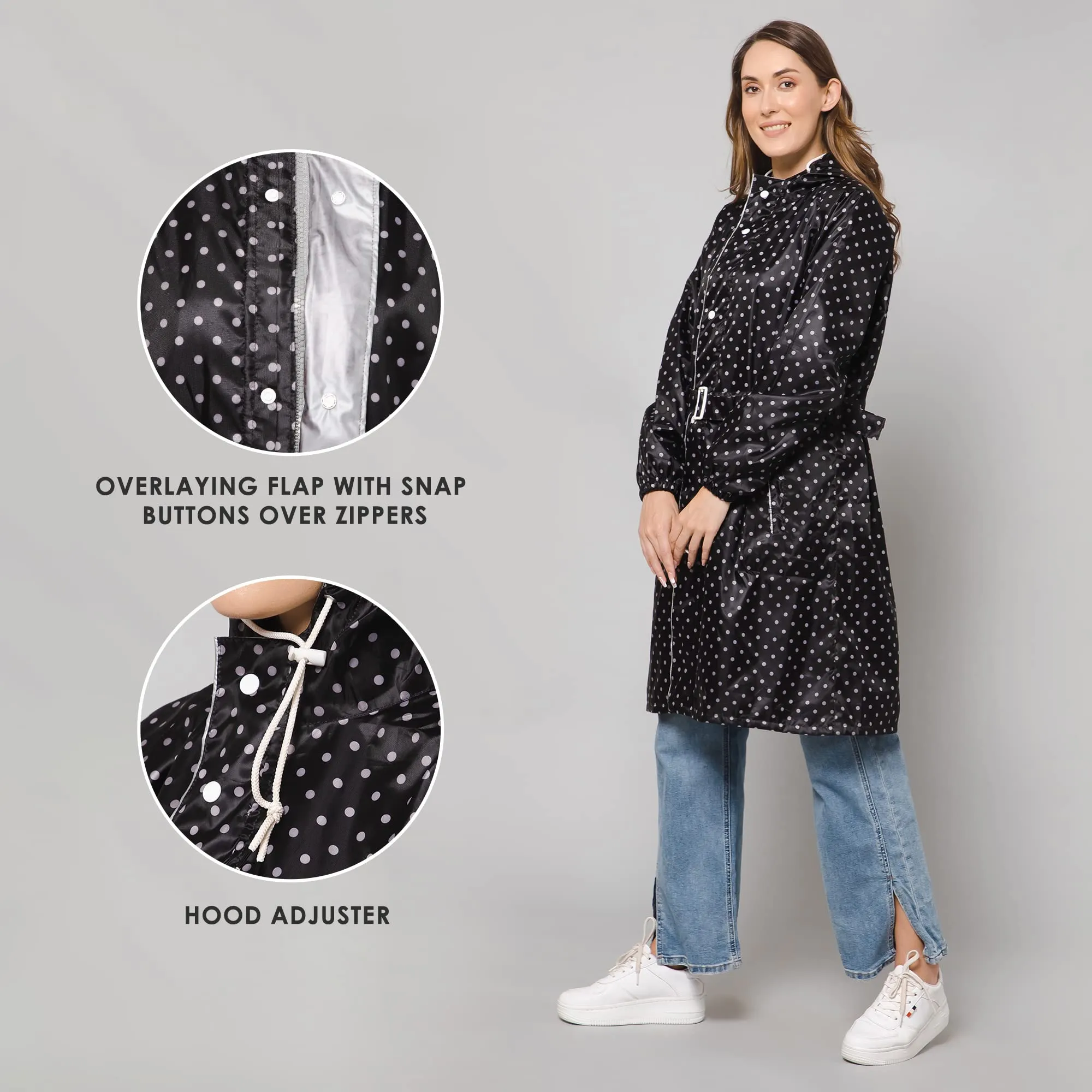 THE CLOWNFISH Raincoats for Women Rain Coat for Women Longcoat Raincoat for Ladies Waterproof Reversible Double Layer. Dotty Delight Series (Black, X-Large)