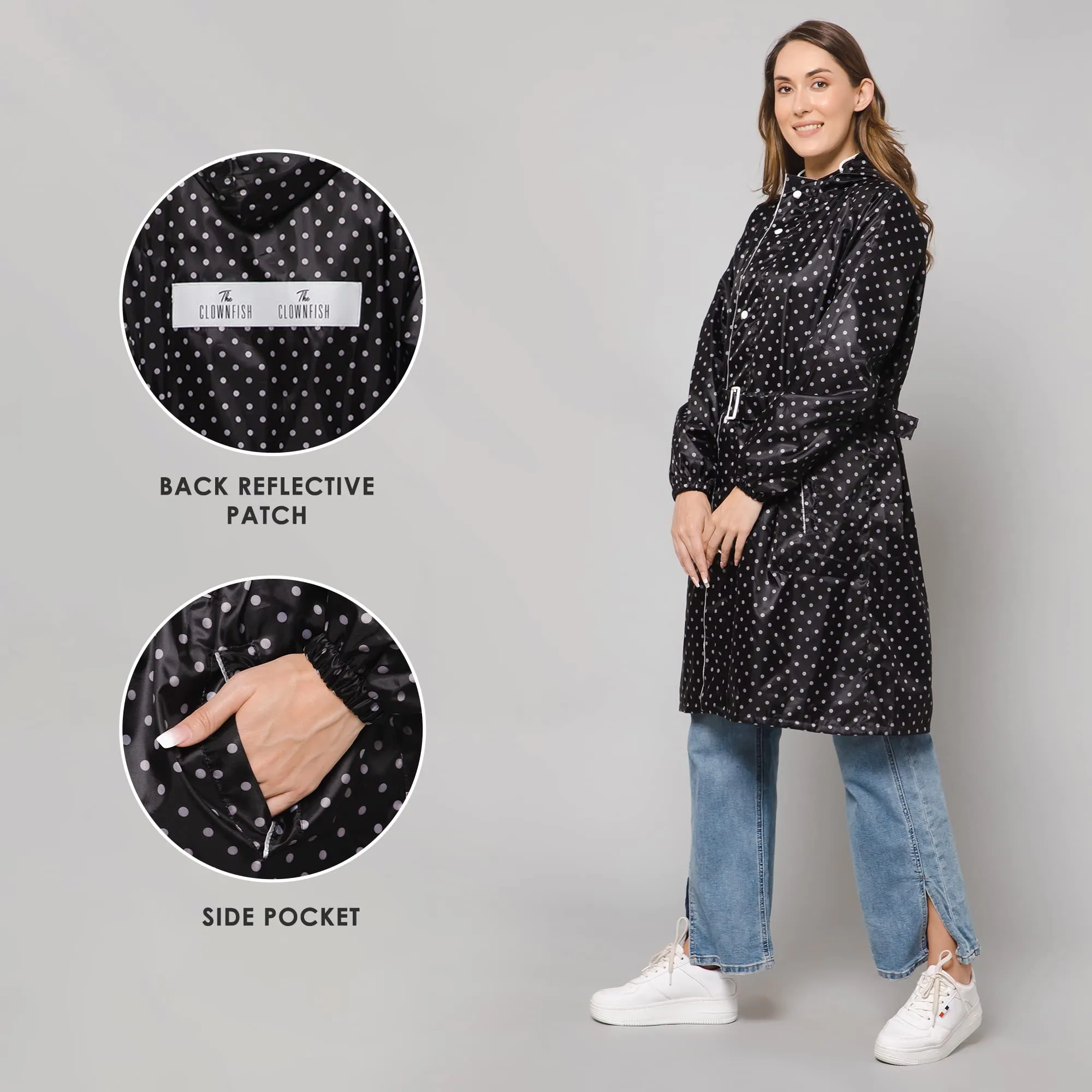 THE CLOWNFISH Raincoats for Women Rain Coat for Women Longcoat Raincoat for Ladies Waterproof Reversible Double Layer. Dotty Delight Series (Black, X-Large)