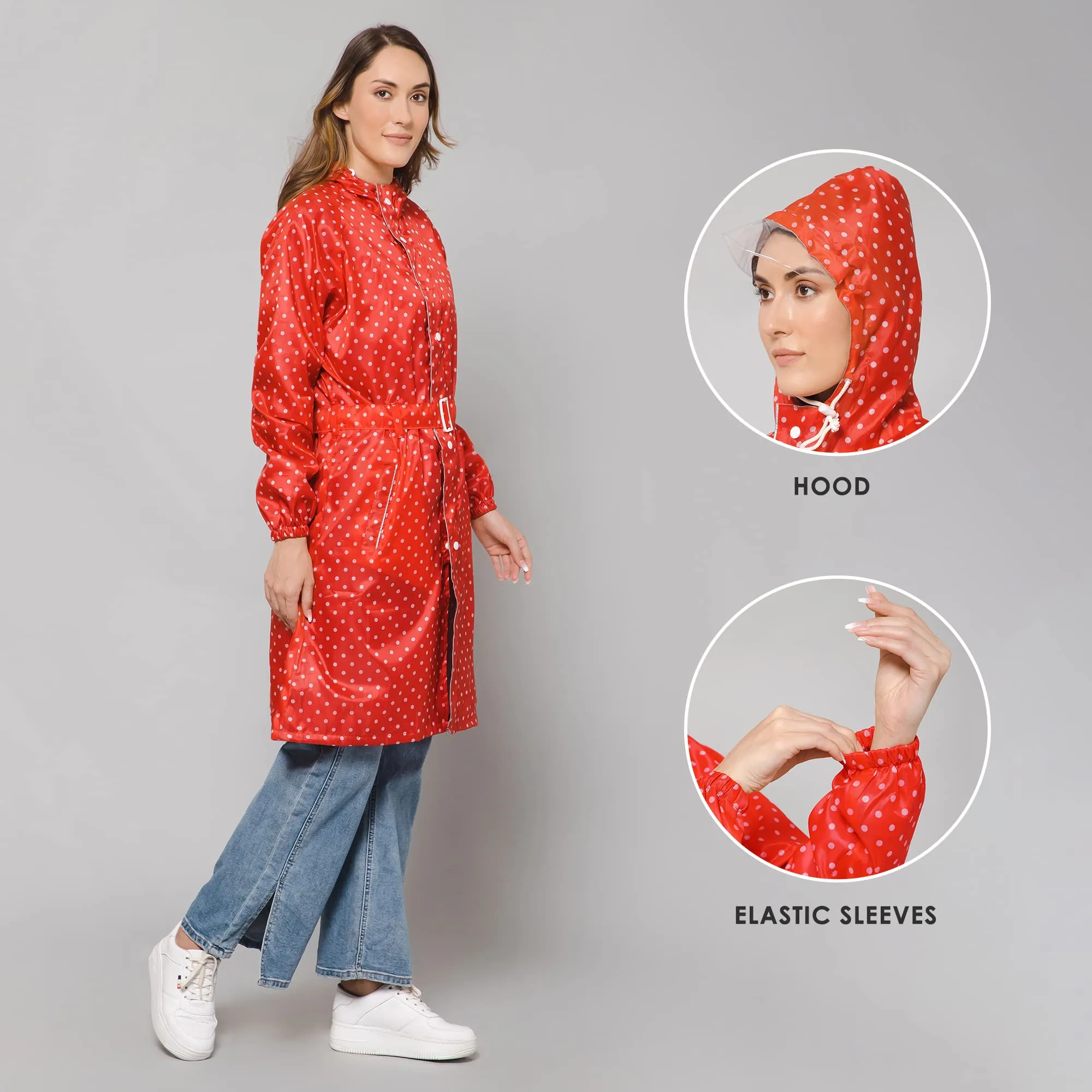 THE CLOWNFISH Raincoats for Women Rain Coat for Women Longcoat Raincoat for Ladies Waterproof Reversible Double Layer. Dotty Delight Series (Red, X-Large)