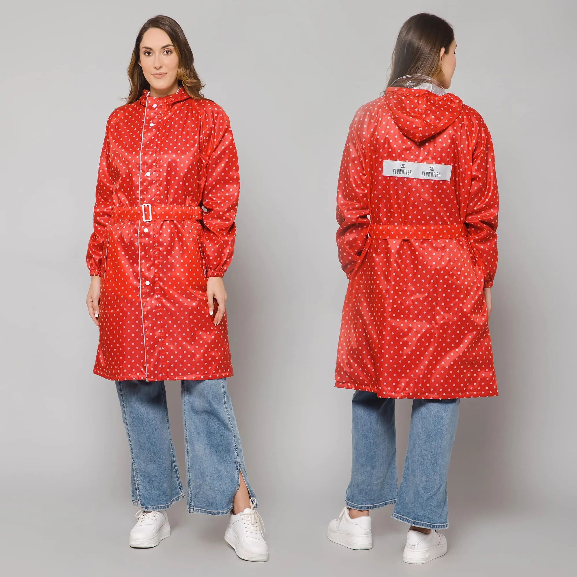 THE CLOWNFISH Raincoats for Women Rain Coat for Women Longcoat Raincoat for Ladies Waterproof Reversible Double Layer. Dotty Delight Series (Red, XXXX-Large)