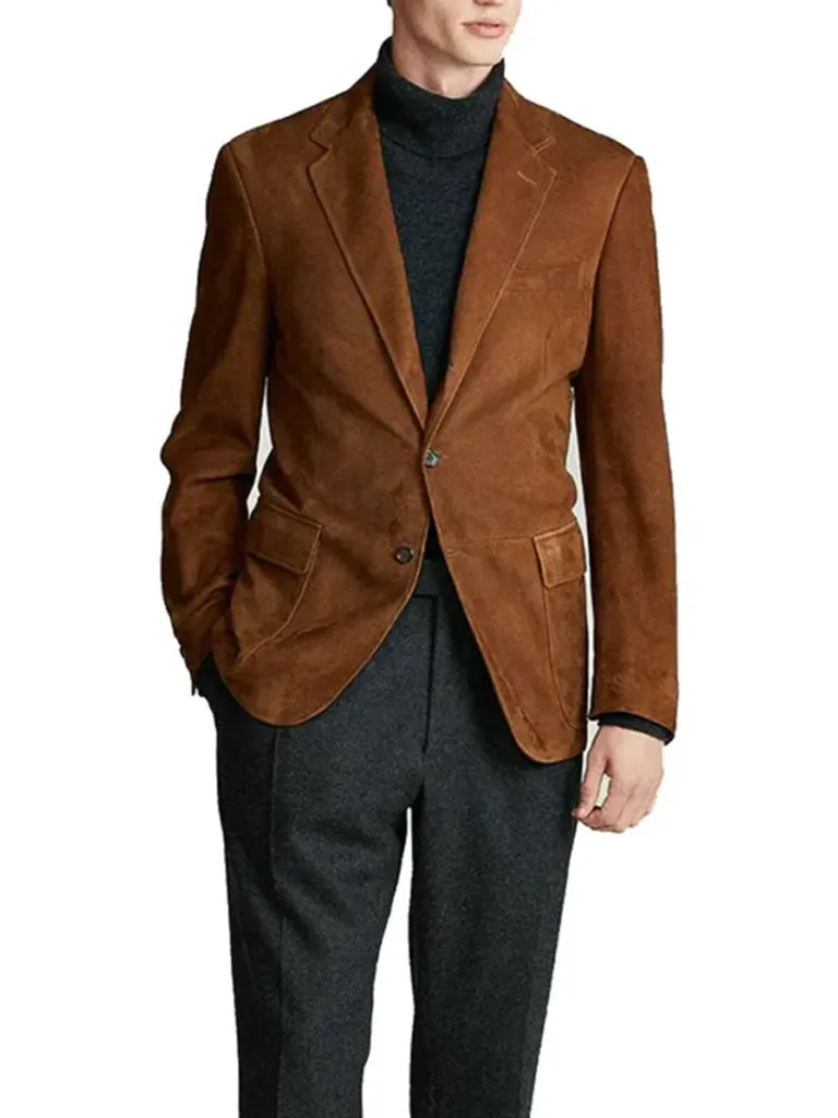Two Button Brown Suede Leather Blazer