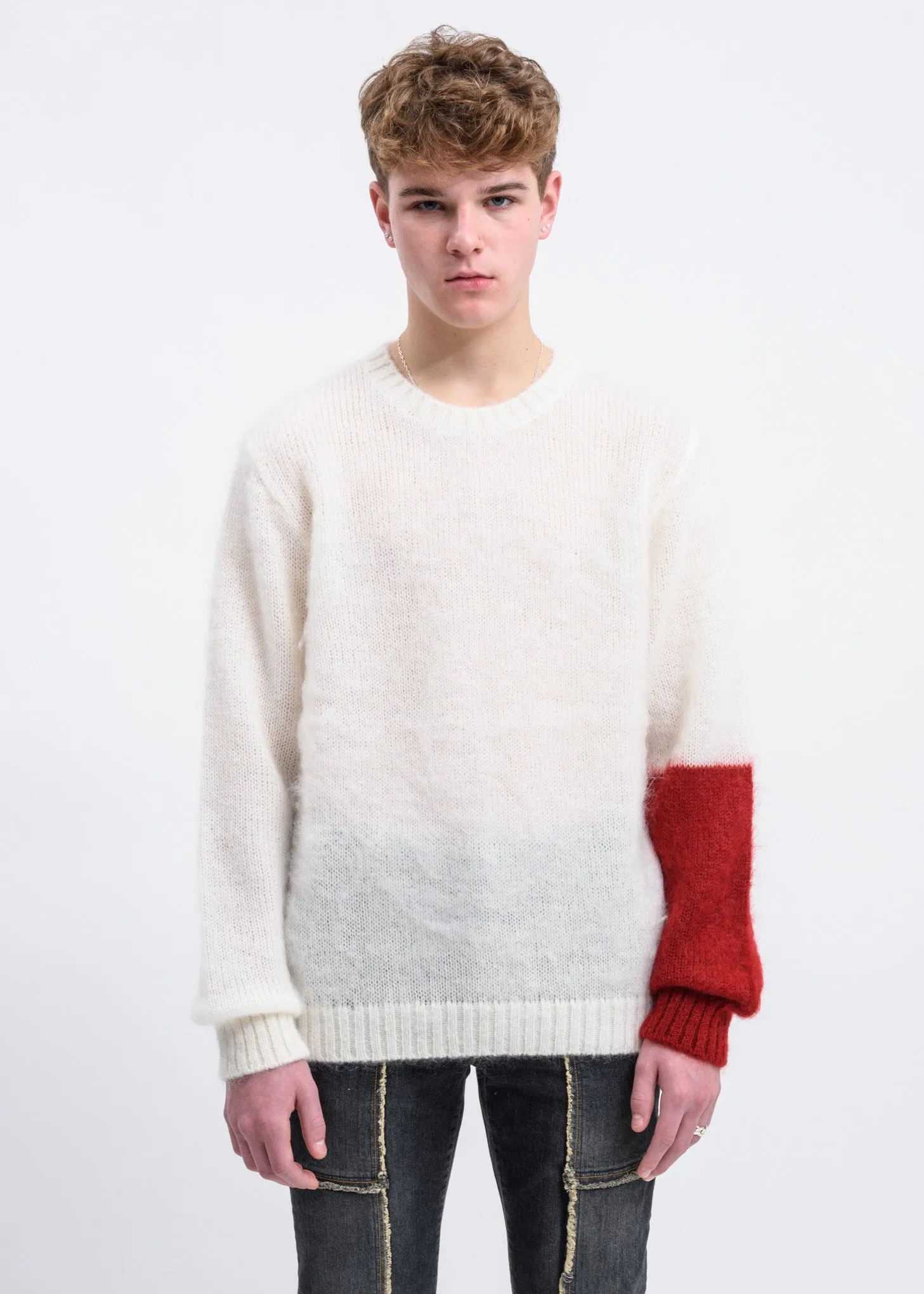 White Mohair Sweater w/ Red Colour Block