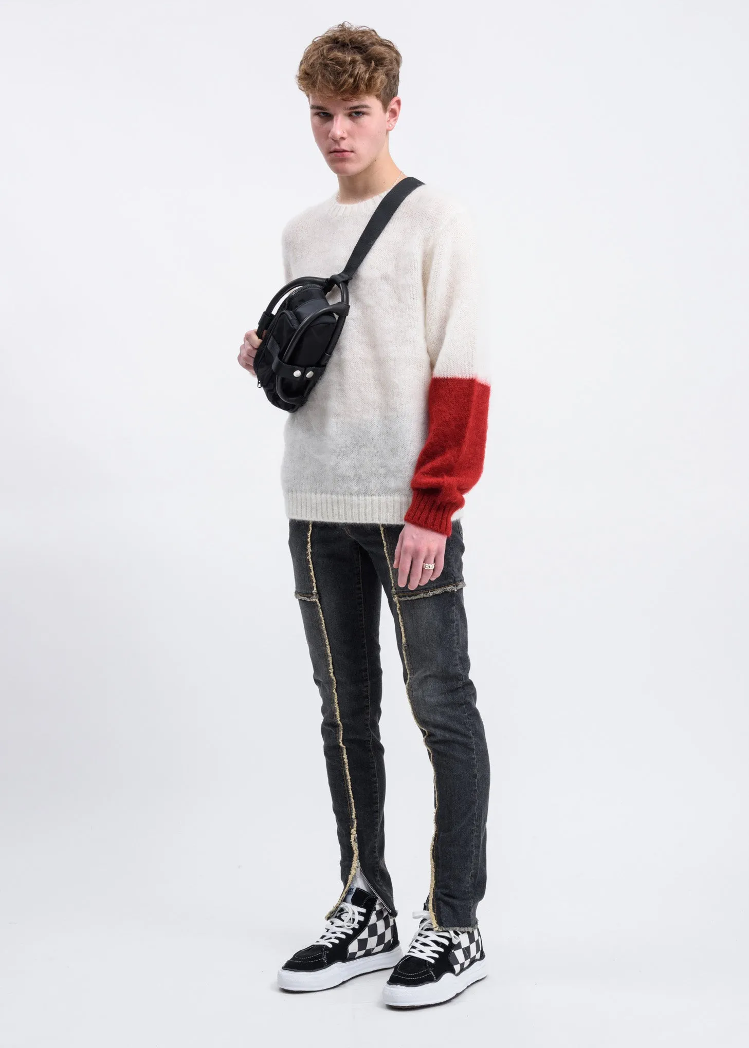 White Mohair Sweater w/ Red Colour Block