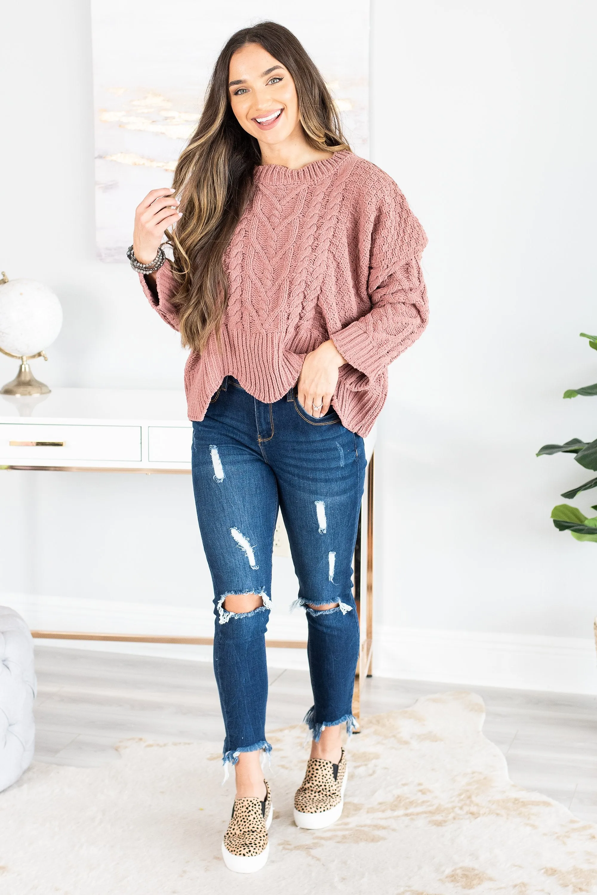 Who You Love Ginger Pink Cable Knit Sweater