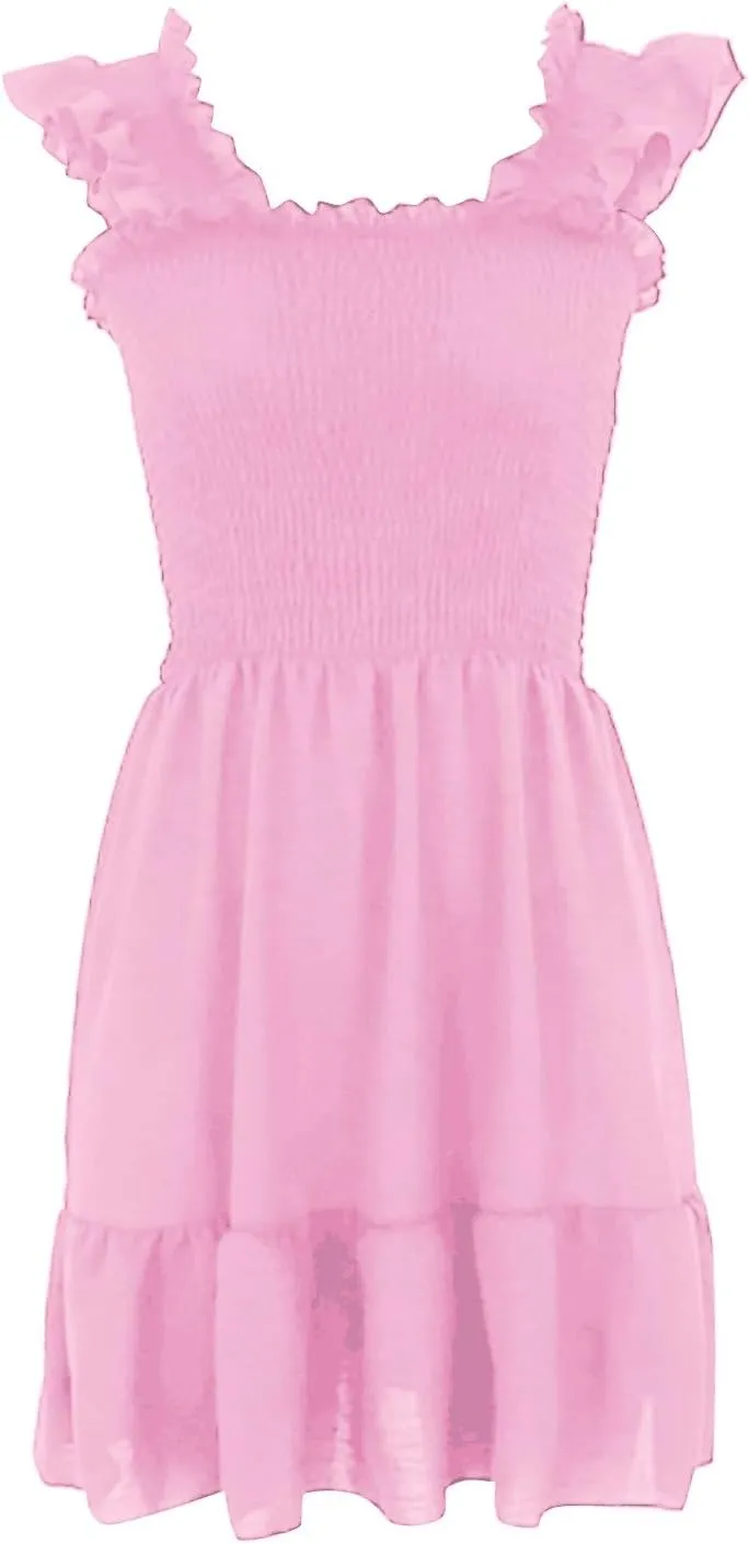 Womens Summer Casual Sleeveless Dresses Square Neck Smocked Ruffle Backless Boho Mini Dress 2024 Trendy Beach Short Sundress