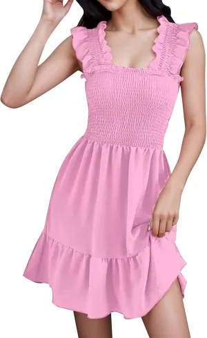 Womens Summer Casual Sleeveless Dresses Square Neck Smocked Ruffle Backless Boho Mini Dress 2024 Trendy Beach Short Sundress