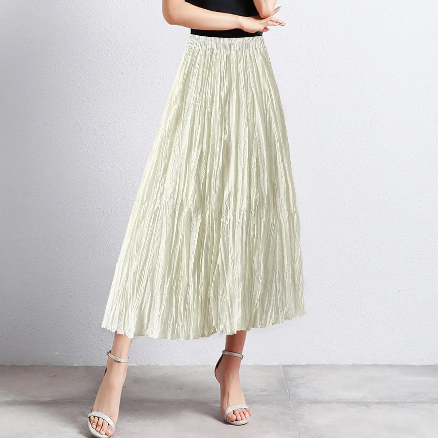 Womens Tulle Ruffle Pleated Skirts Fashion Solid Versatile A Line Maxi Skirt Holiday High Waisted Reversible Skirts