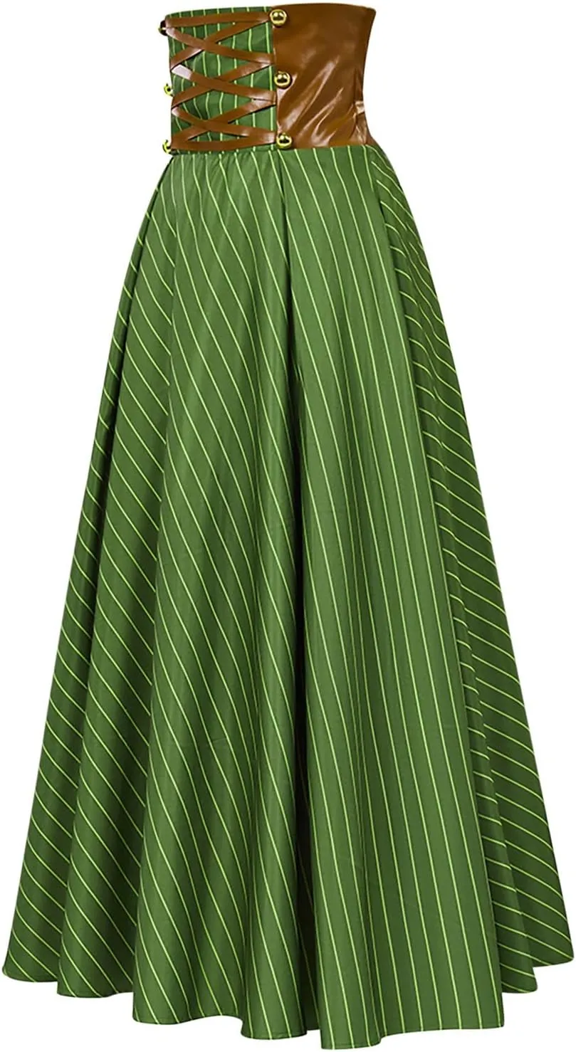 Women's Victorian Skirt Medieval Renaissance Peasant Long Skirt Criss Cross High Waist Gothic Steampunk Maxi Skirts