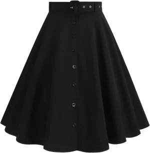 Women's Vintage Midi Skirt, Stretch High Waist A-Line Swing Skirts Elegant Prom Party Clothes with Pockets and Belts